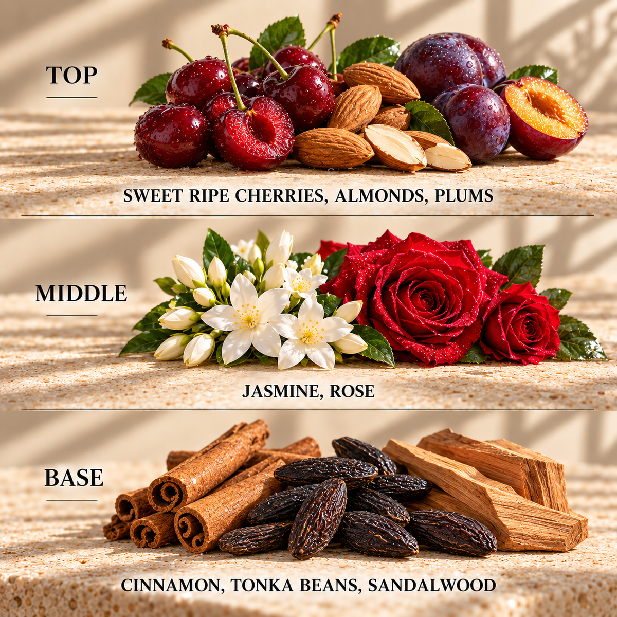 Top, middle and base scent notes for Lost Cherry perfume inspired wax melt by Smith & Kennedy Scents