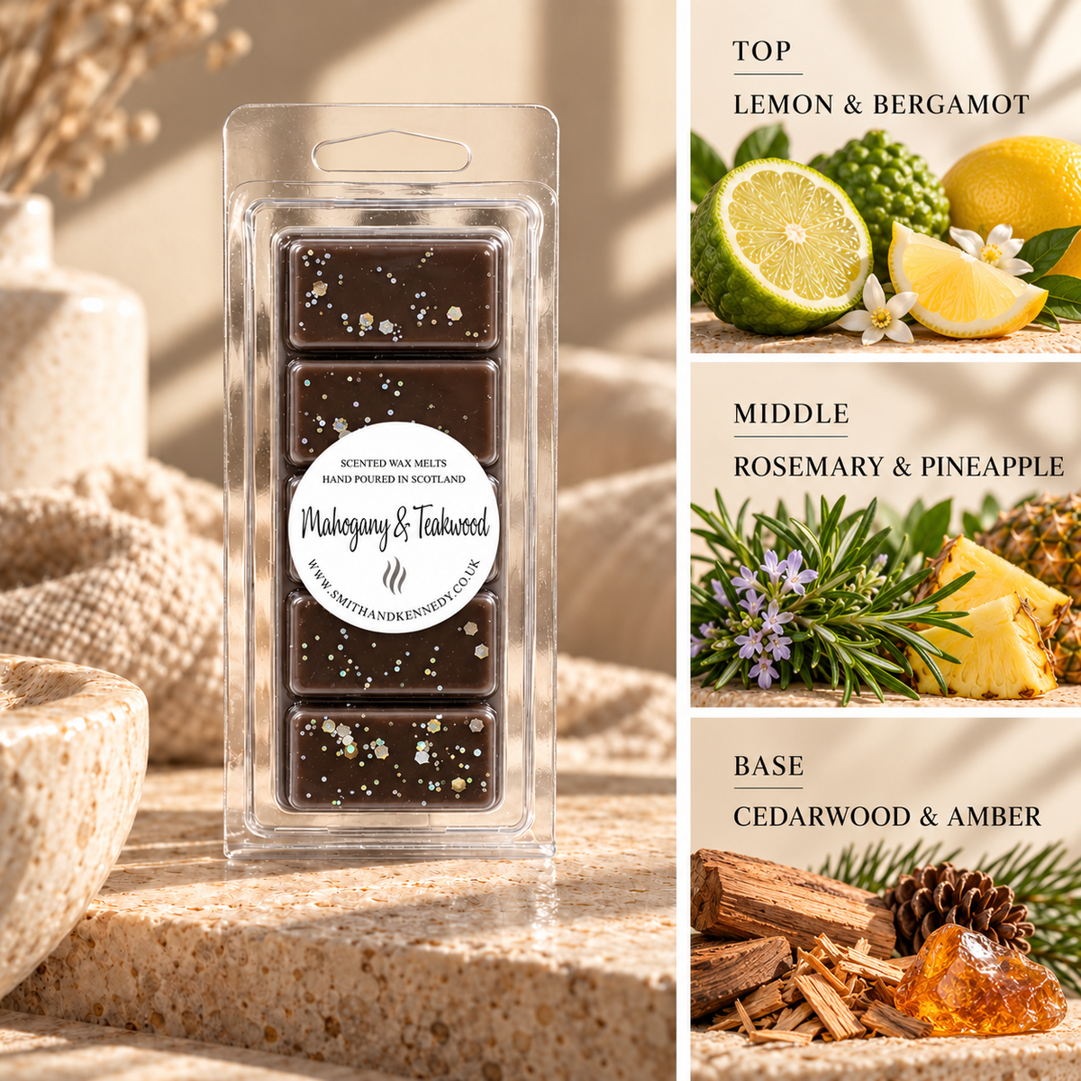 Mahogany & Teakwood woody inspired wax melt snap bar by Smith & Kennedy Scents