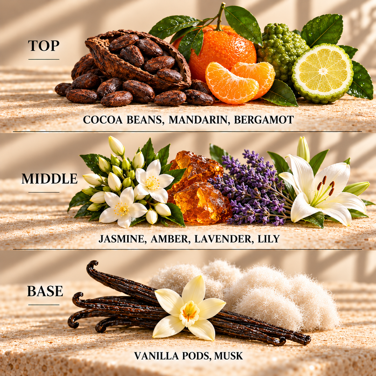 Top, middle and base scent notes for Mandarin & Vanilla Musk spa inspired wax melt by Smith & Kennedy Scents
