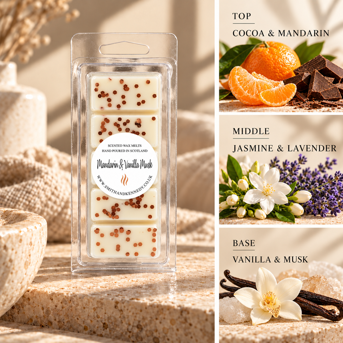 Mandarin & Vanilla Musk spa inspired wax melt snap bar by Smith & Kennedy Scents
