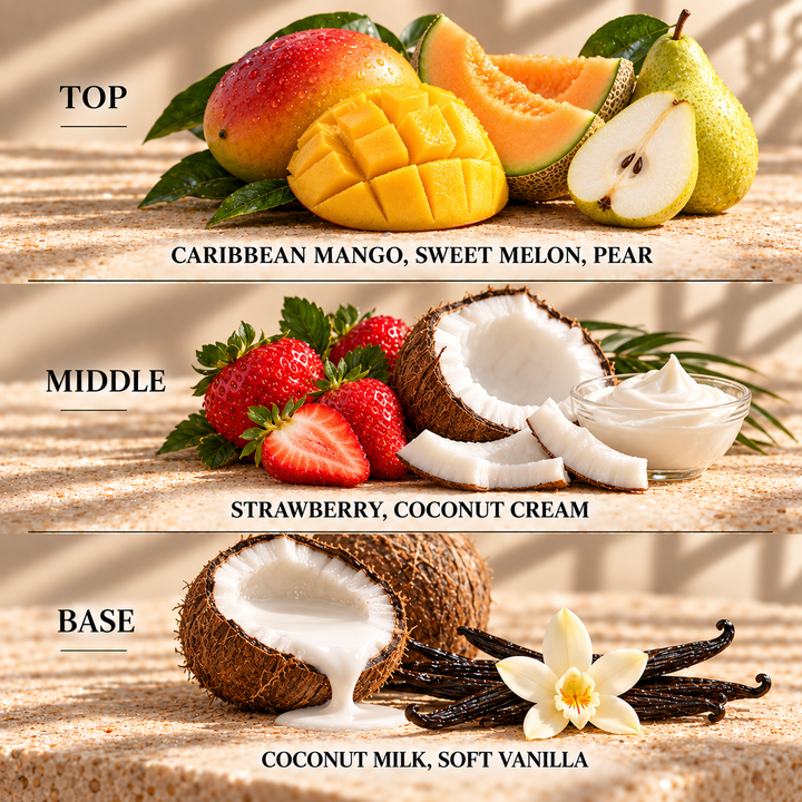 Top, middle and base scent notes for Mango &amp; Coconut fruity inspired wax melt by Smith &amp; Kennedy Scents