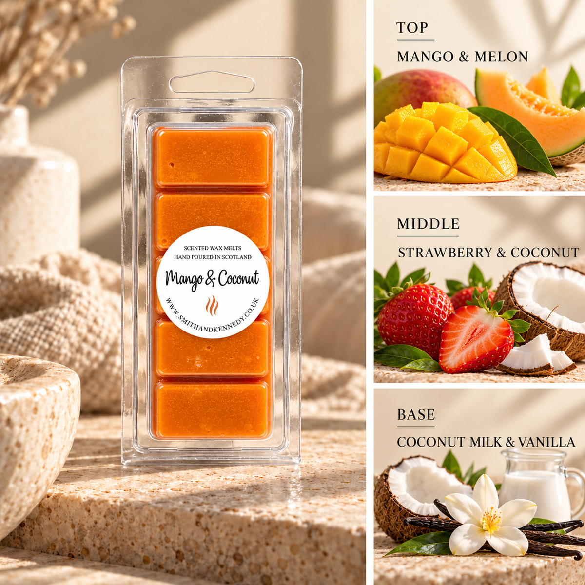 Mango & Coconut fruity inspired wax melt snap bar by Smith & Kennedy Scents
