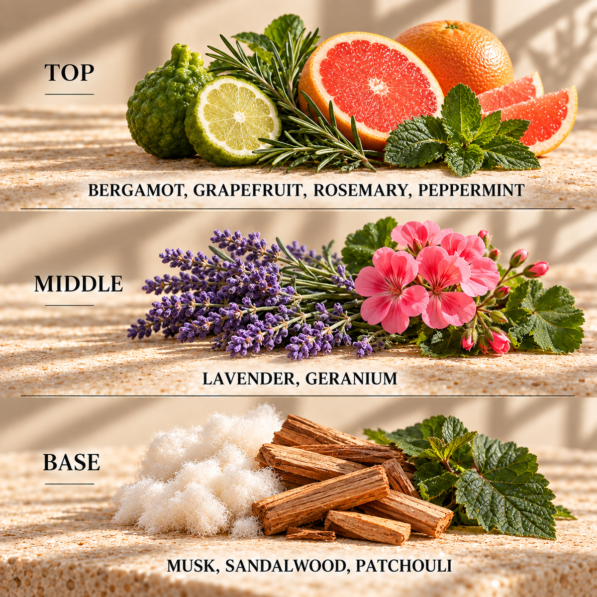 Top, middle and base scent notes for Me Time spa inspired wax melt by Smith & Kennedy Scents