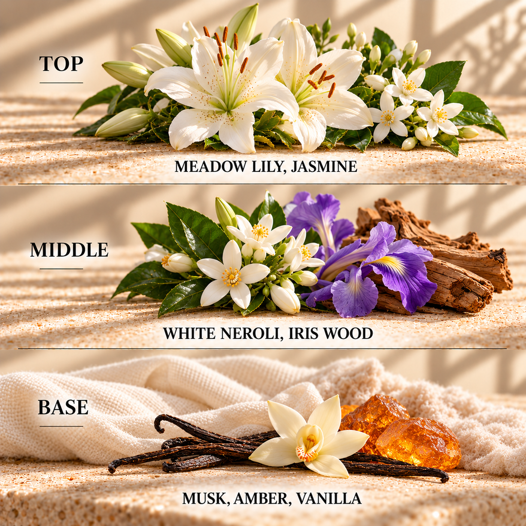 Top, middle and base scent notes for Meadow Lily &amp; Cotton Musk laundry inspired wax melt by Smith &amp; Kennedy Scents