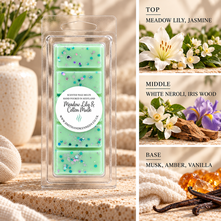 Meadow Lily &amp; Cotton Musk laundry inspired wax melt snap bar by Smith &amp; Kennedy Scents