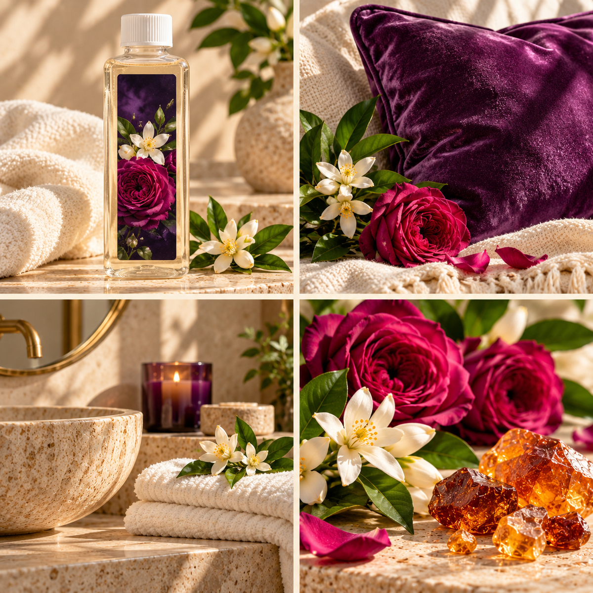 Midnight Bloom wax melt mood board with a slender cleaner bottle, deep purple velvet and rich flowers.