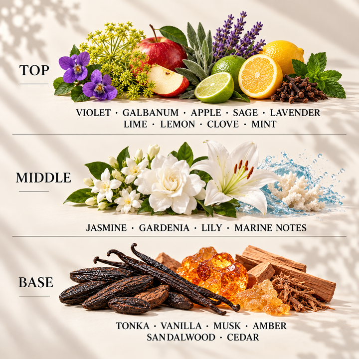 Top, middle and base scent notes for Midnight Sage &amp; Tonka autumn inspired wax melt by Smith &amp; Kennedy Scents