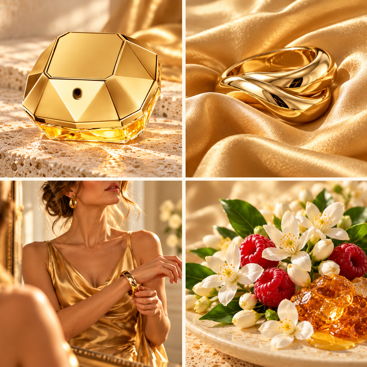 Four-panel mood board for Miss Millions perfume-inspired wax melts: gold faceted bottle, gold satin and jewellery, evening fashion and jasmine with raspberry.