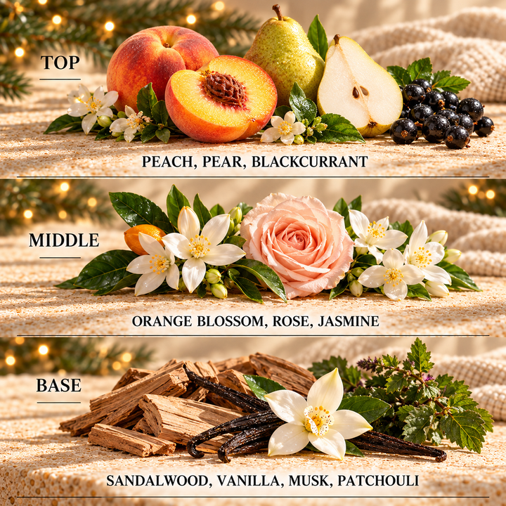 Mr Christmas fragrance notes: top Peach, Pear, Blackcurrant; middle Orange Blossom, Rose, Jasmine; base Sandalwood, Vanilla, Musk, Patchouli