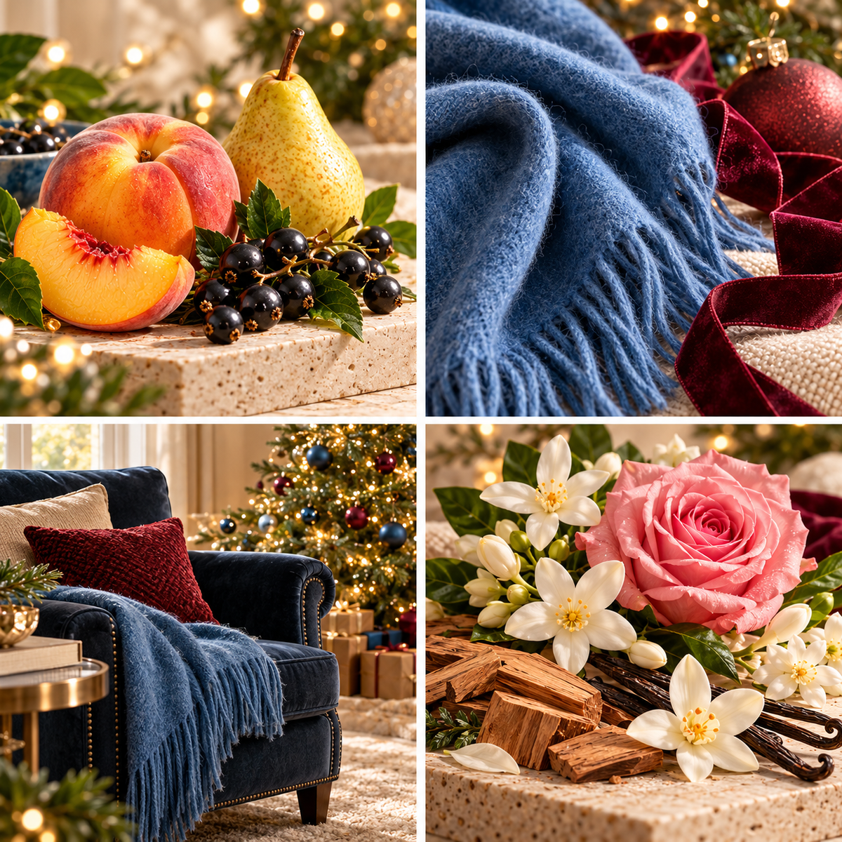 Mr Christmas Christmas wax melt mood board with peach, pear, blackcurrant, blue cashmere and a cosy armchair.