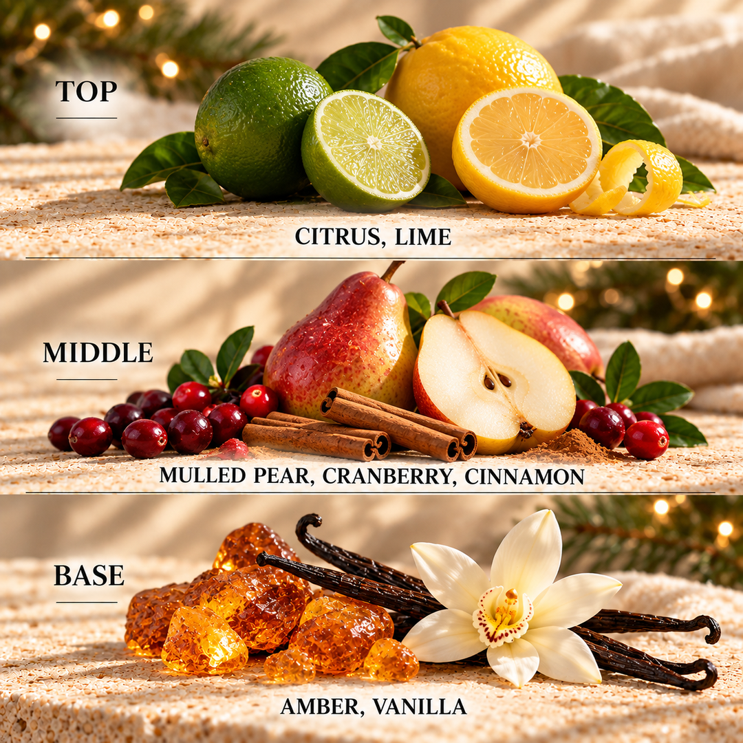 Mulled Pear &amp; Cranberry fragrance notes: top Citrus, Lime; middle Mulled Pear, Cranberry, Cinnamon; base Amber, Vanilla