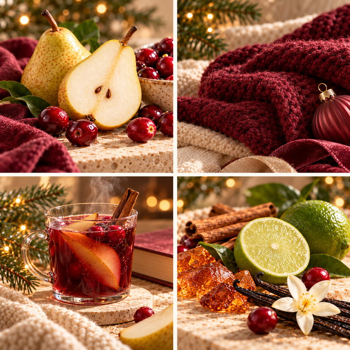 Mulled Pear &amp; Cranberry Christmas wax melt mood board with pears, cranberries, burgundy knitwear and a warm mulled drink.