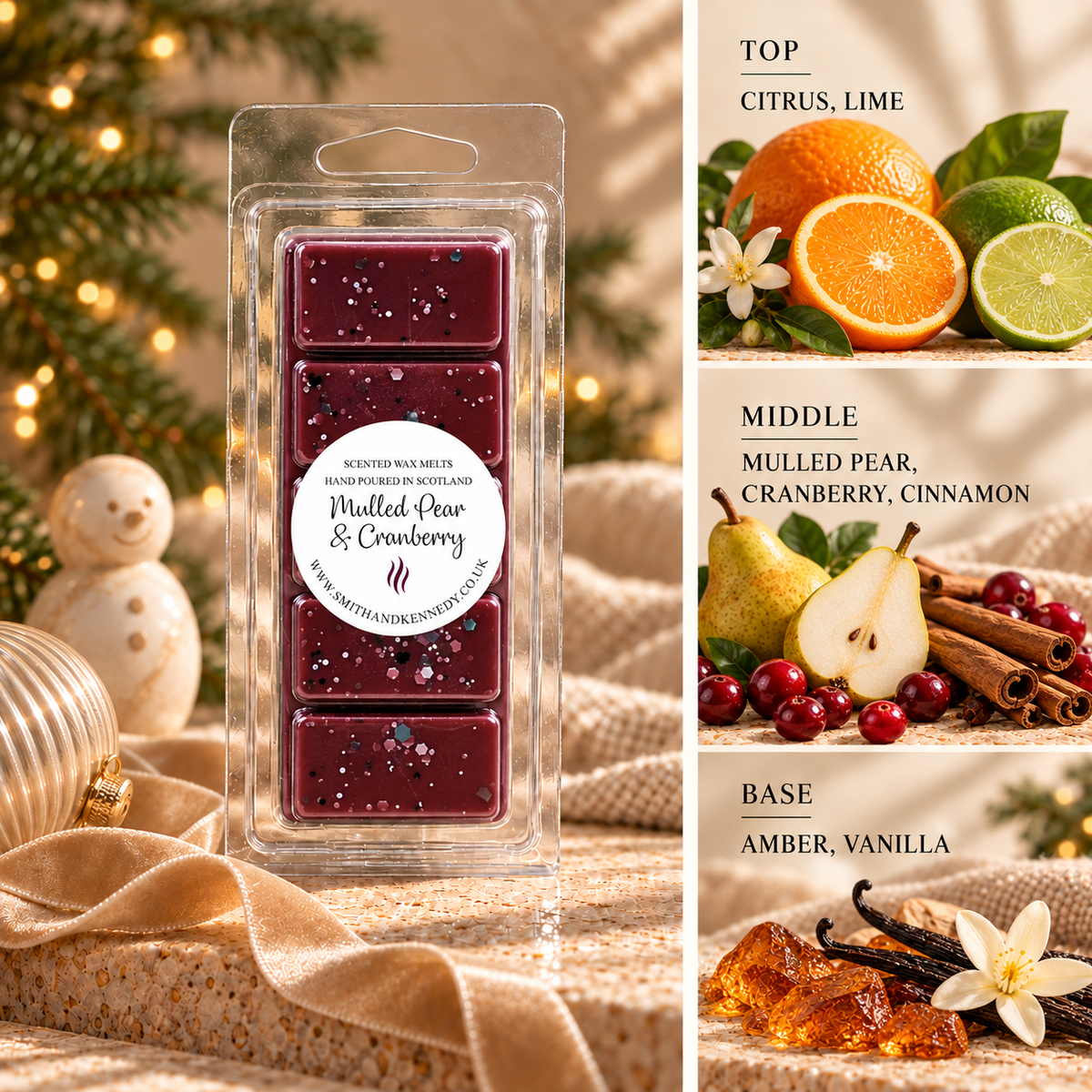 Mulled Pear & Cranberry Christmas wax melt snap bar by Smith & Kennedy Scents with festive styling and fragrance notes