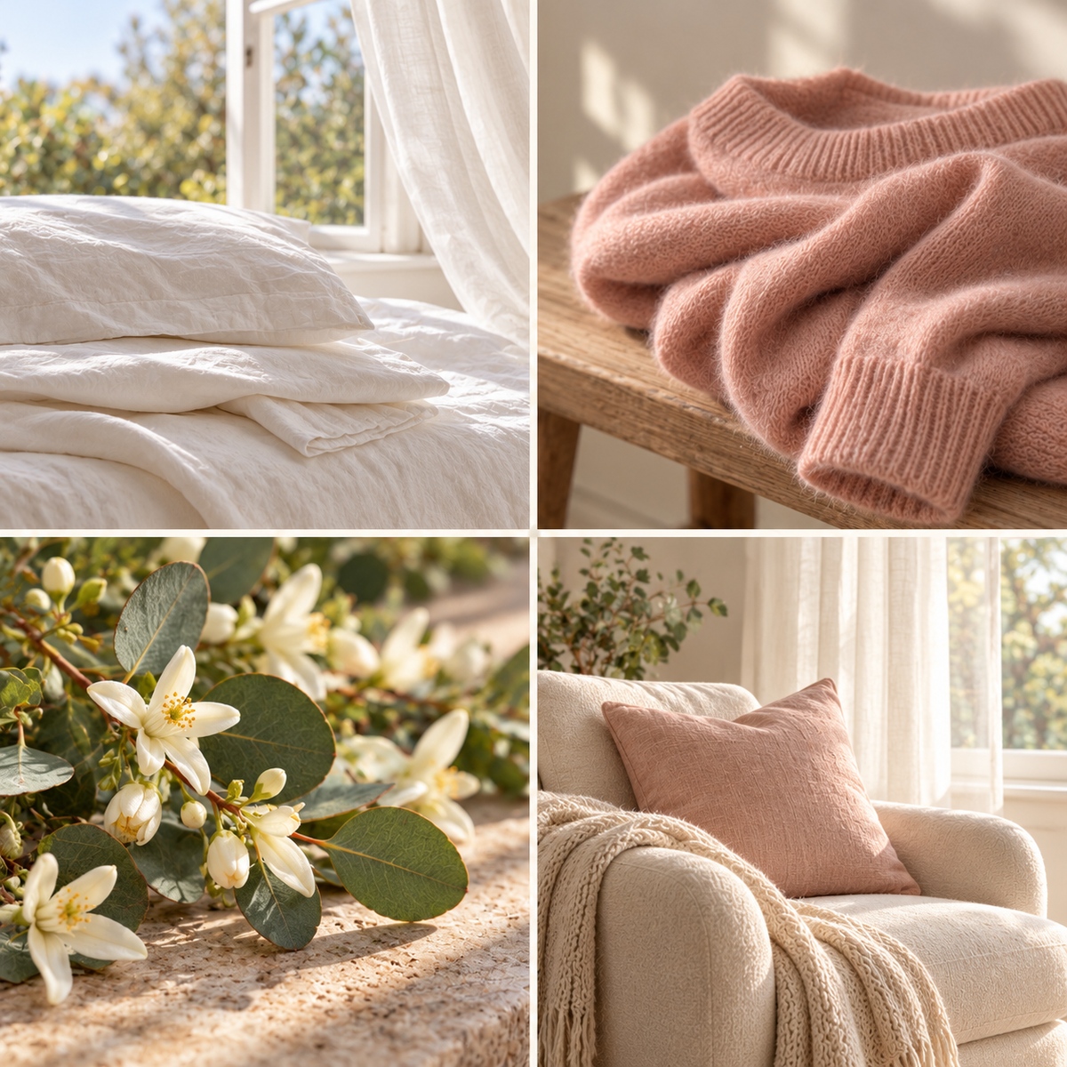 Four-panel mood board for Neroli & Cashmere wax melts: fresh linen, a blush cashmere jumper, neroli and eucalyptus, and an airy armchair.