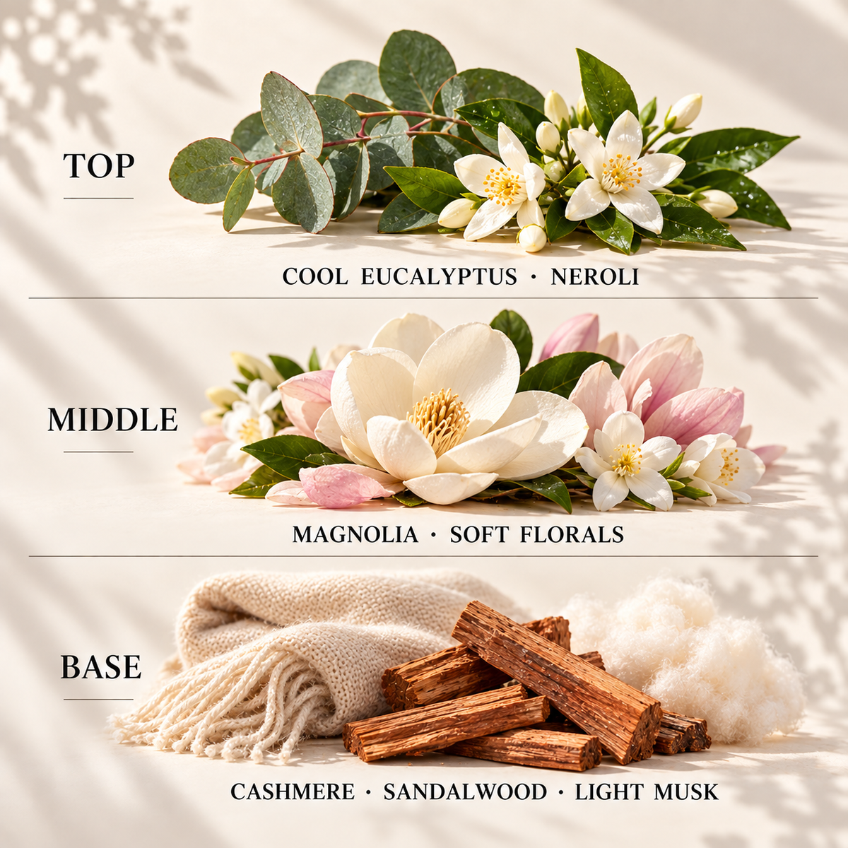 Top, middle and base scent notes for Neroli & Cashmere autumn inspired wax melt by Smith & Kennedy Scents