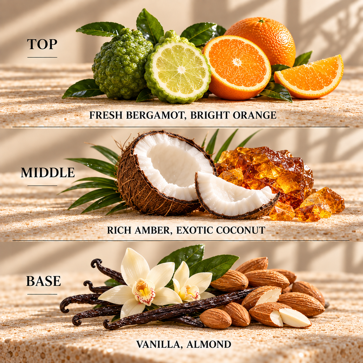 Top, middle and base scent notes for Ocean Island (Seychelles) spa inspired wax melt by Smith & Kennedy Scents