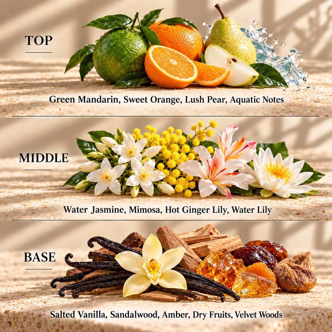 Top, middle and base scent notes for Olympea perfume inspired wax melt by Smith &amp; Kennedy Scents