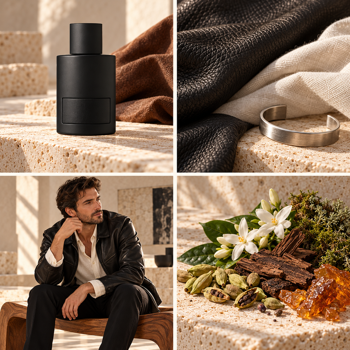 Ombre Leather aftershave inspired wax melt mood board with cardamom, jasmine, leather and amber, coordinated fabrics and men's styling by Smith & Kennedy Scents.