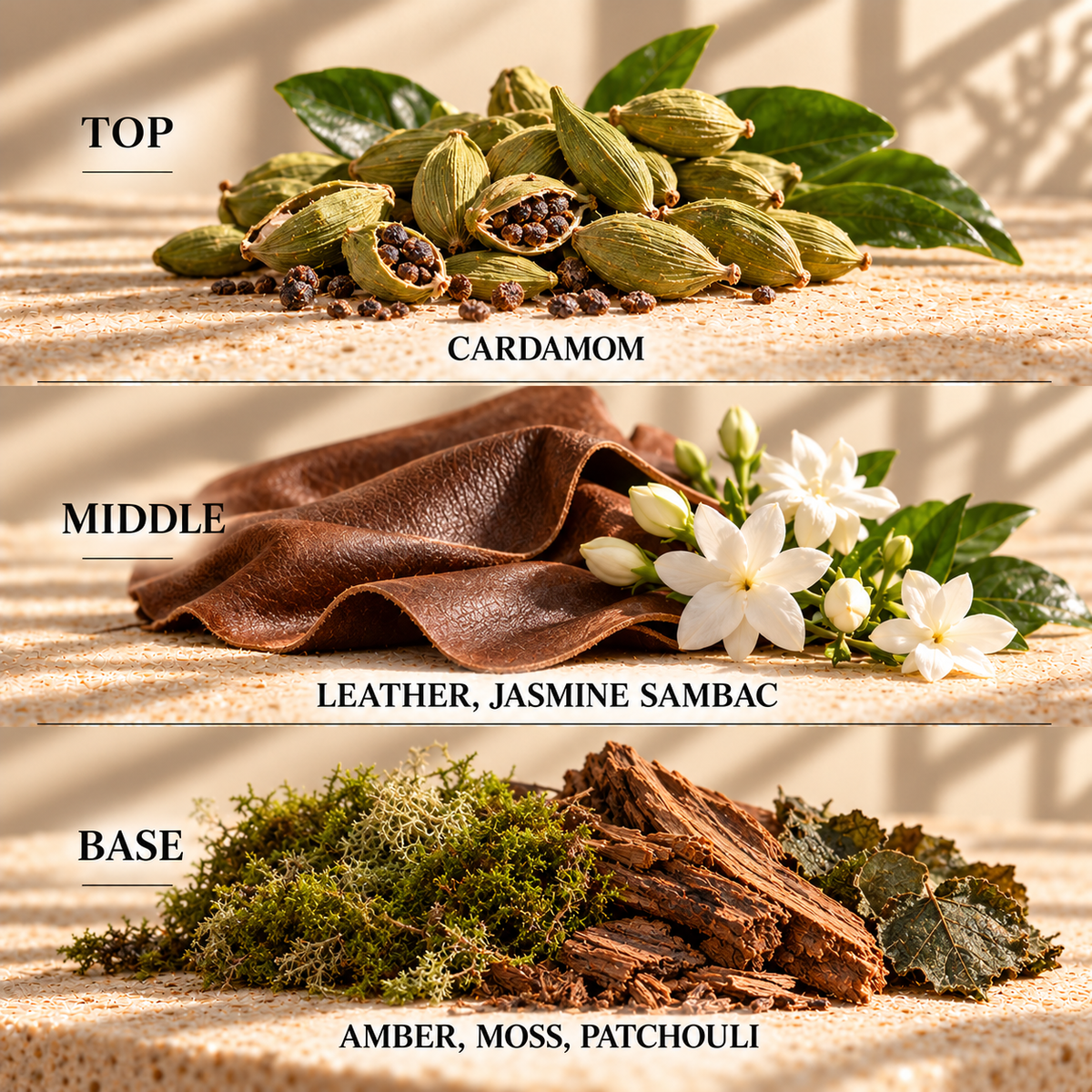 Top, middle and base scent notes for Ombre Leather aftershave inspired wax melt by Smith & Kennedy Scents
