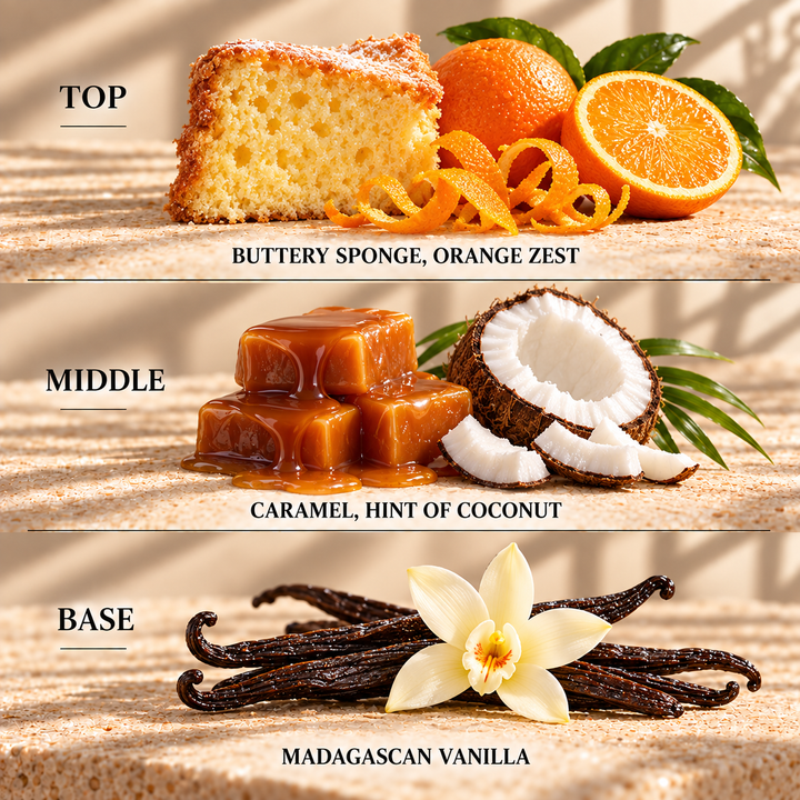 Top, middle and base scent notes for Orange Chiffon Cake bakery inspired wax melt by Smith &amp; Kennedy Scents