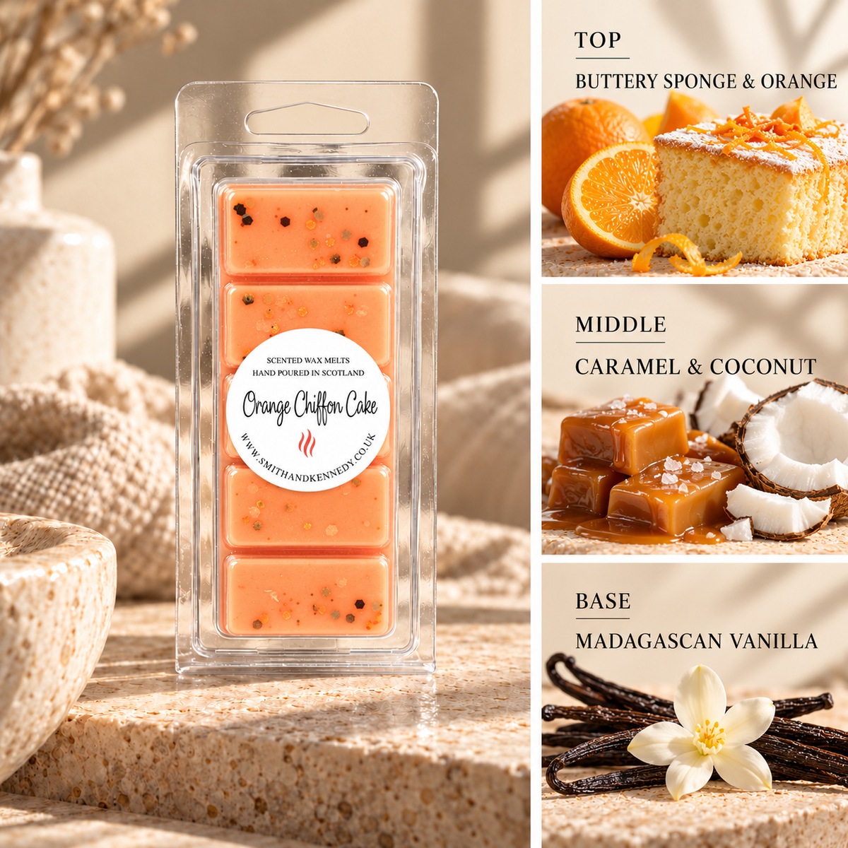 Orange Chiffon Cake bakery inspired wax melt snap bar by Smith & Kennedy Scents