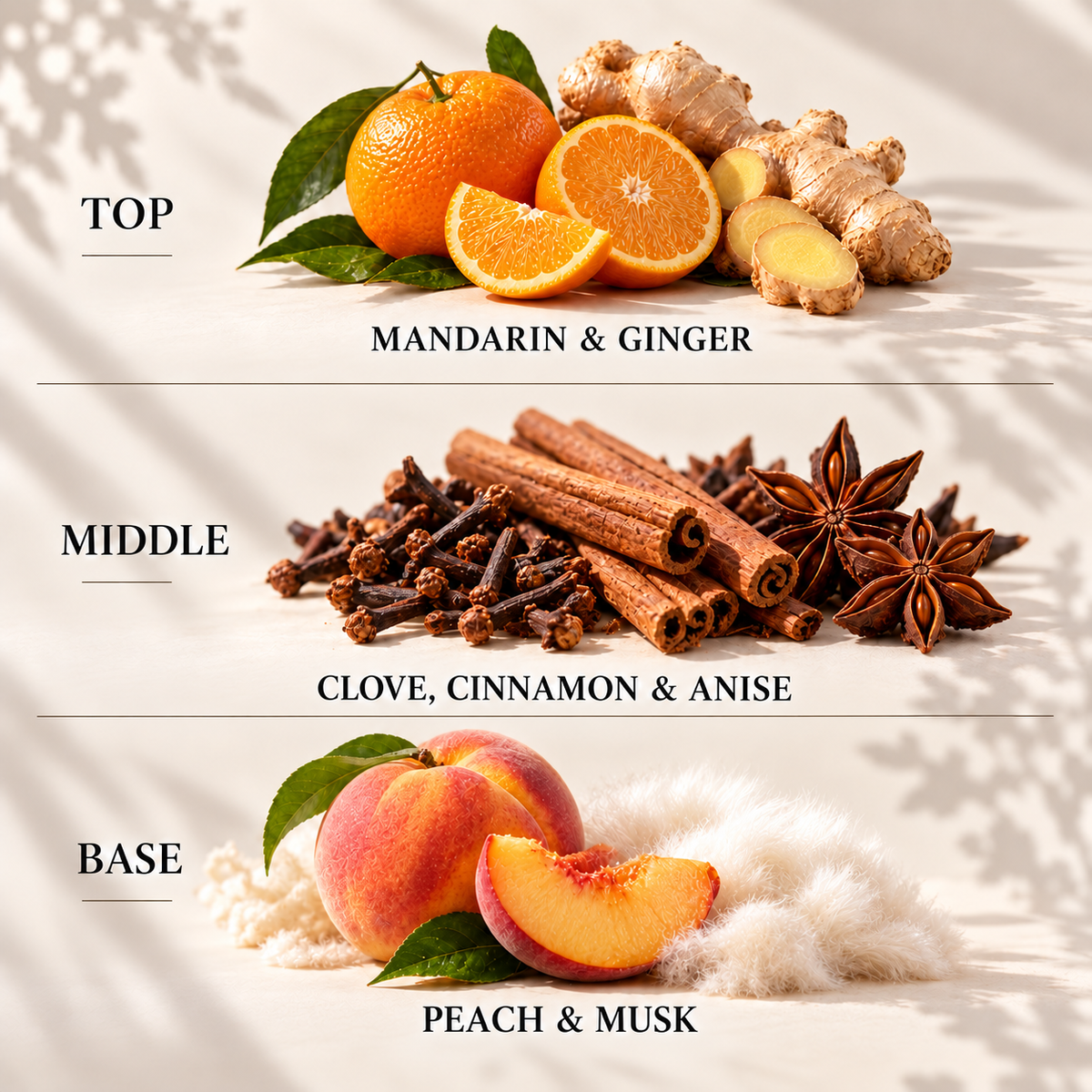 Top, middle and base scent notes for Orange Harvest Moon autumn inspired wax melt by Smith & Kennedy Scents