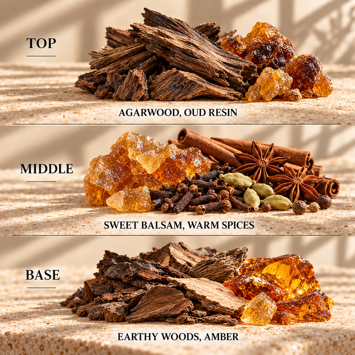 Top, middle and base scent notes for Oud woody inspired wax melt by Smith &amp; Kennedy Scents