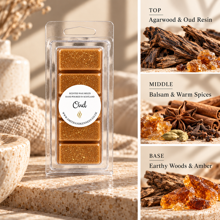 Oud woody inspired wax melt snap bar by Smith &amp; Kennedy Scents