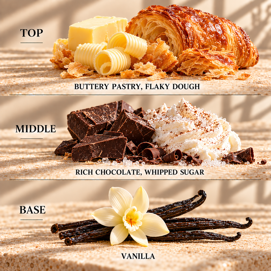 Top, middle and base scent notes for Pain Au Chocolat bakery inspired wax melt by Smith &amp; Kennedy Scents