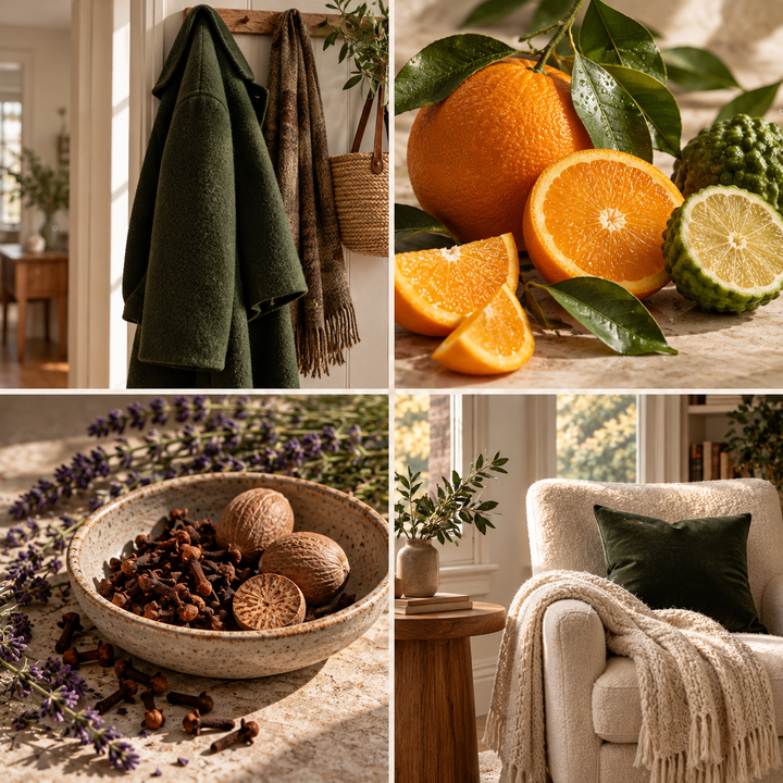 Four-panel mood board for Pandoras Box wax melts: green wool coat, citrus fruit, warming spices and a cosy reading chair.
