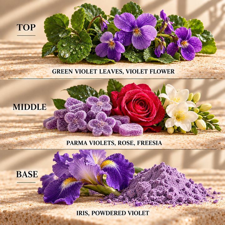 Top, middle and base scent notes for Parma Violet sweet inspired wax melt by Smith &amp; Kennedy Scents