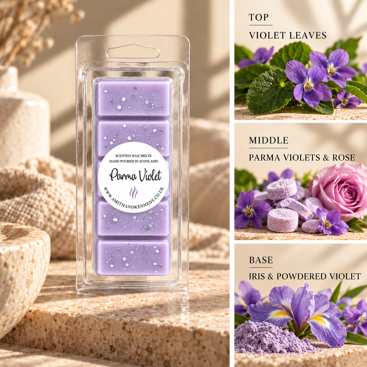 Parma Violet sweet inspired wax melt snap bar by Smith & Kennedy Scents