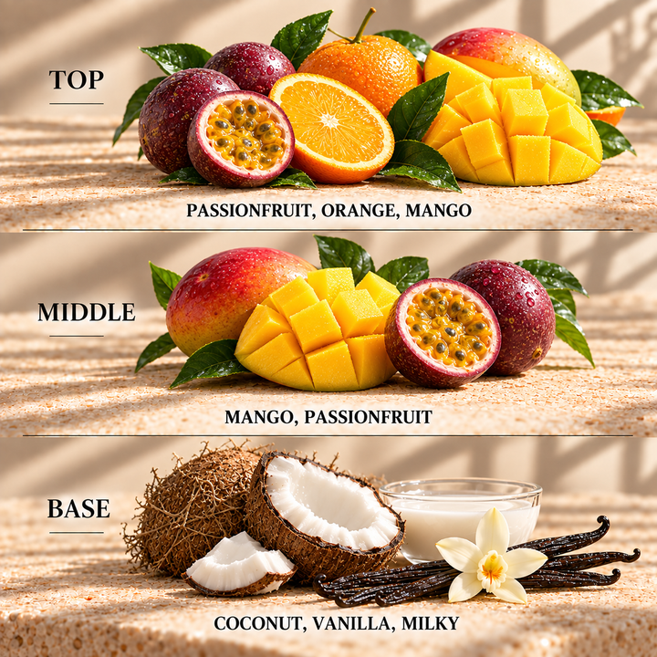 Top, middle and base scent notes for Passion Fruit &amp; Mango fruity inspired wax melt by Smith &amp; Kennedy Scents