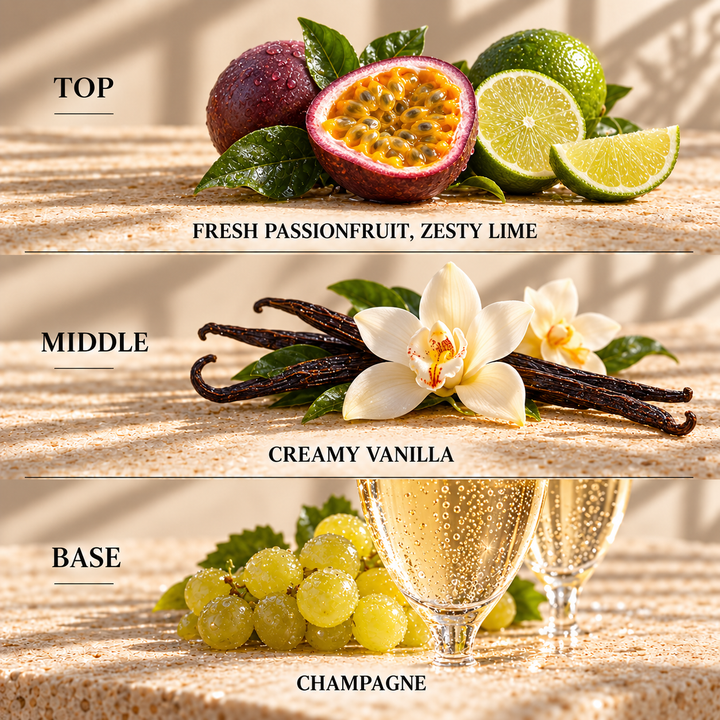 Top, middle and base scent notes for Passion Fruit Martini fruity inspired wax melt by Smith &amp; Kennedy Scents