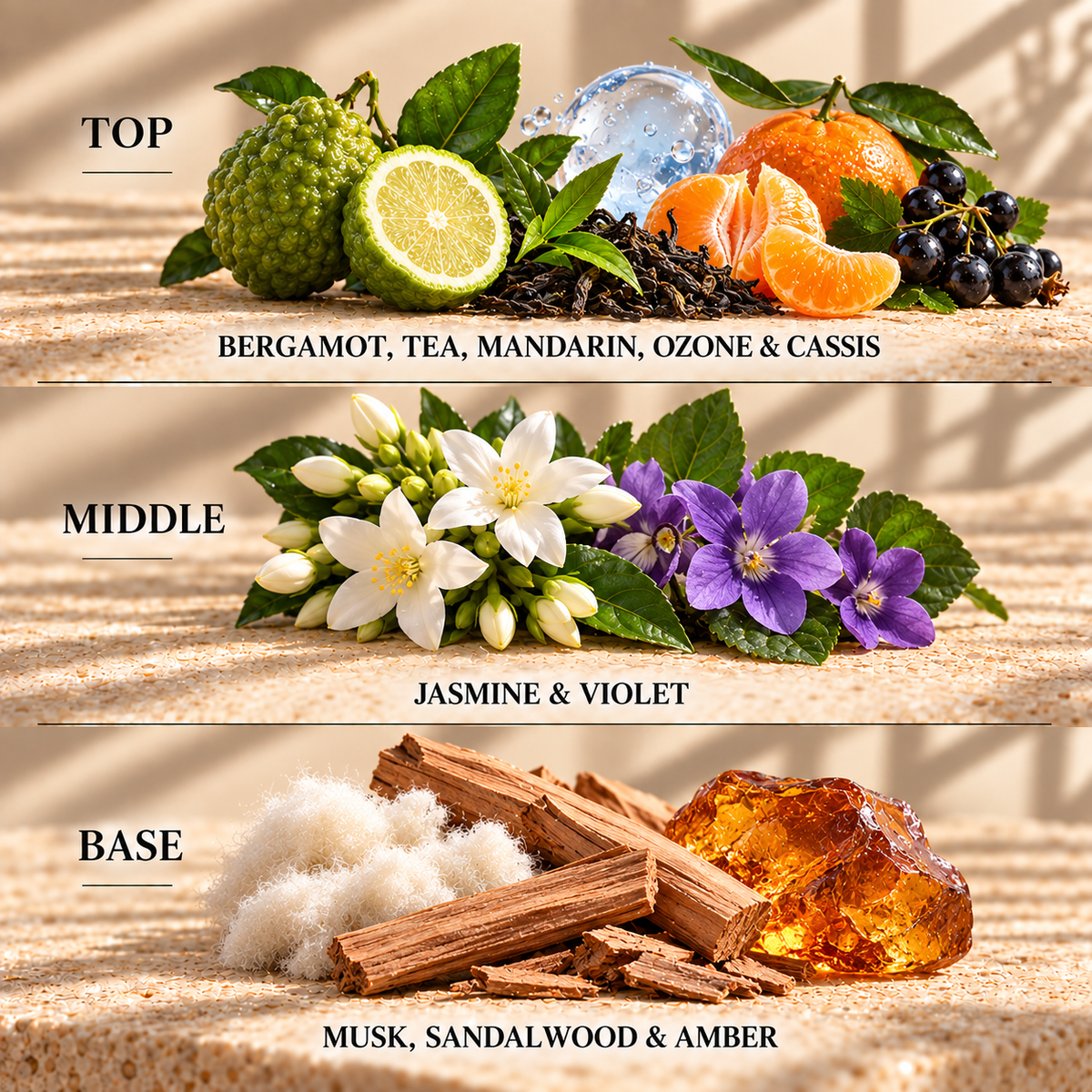 Top, middle and base scent notes for Peace & Tranquility spa inspired wax melt by Smith & Kennedy Scents