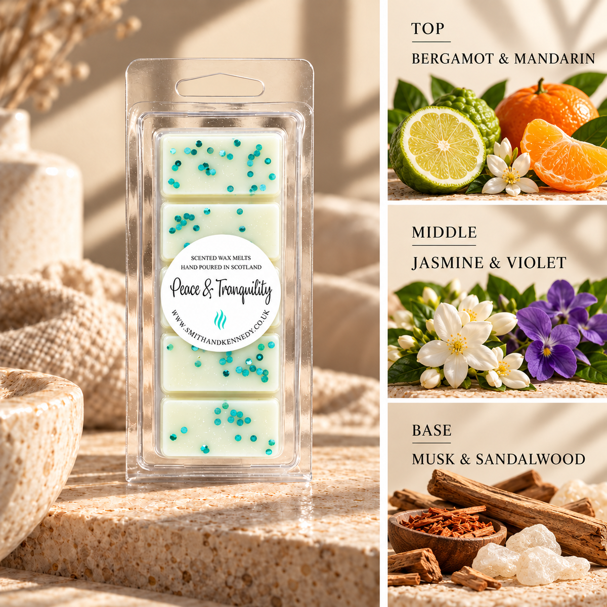 Peace & Tranquility spa inspired wax melt snap bar by Smith & Kennedy Scents