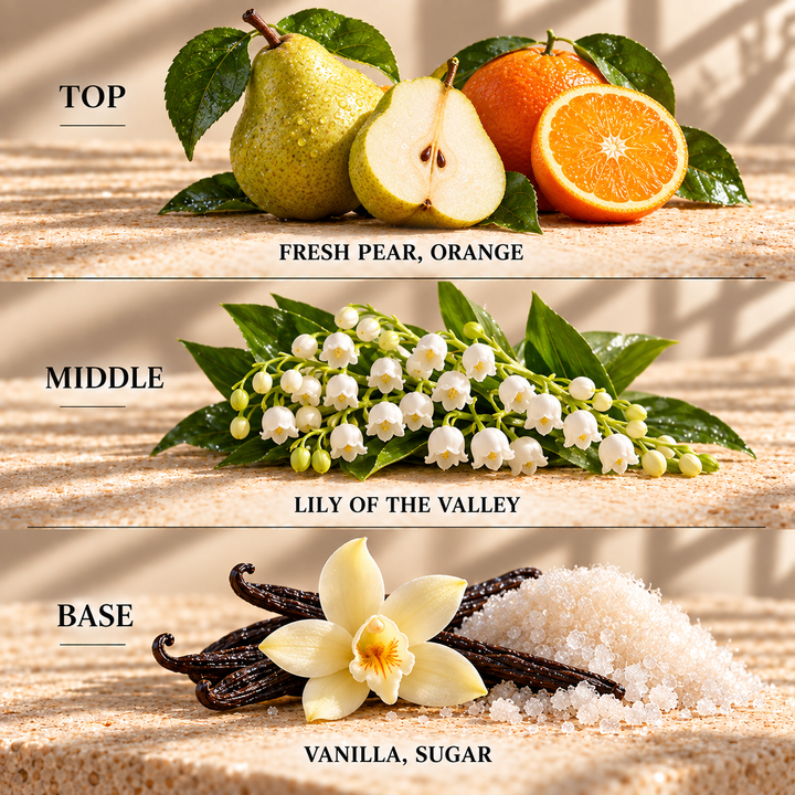 Top, middle and base scent notes for Pear Drops sweet inspired wax melt by Smith &amp; Kennedy Scents
