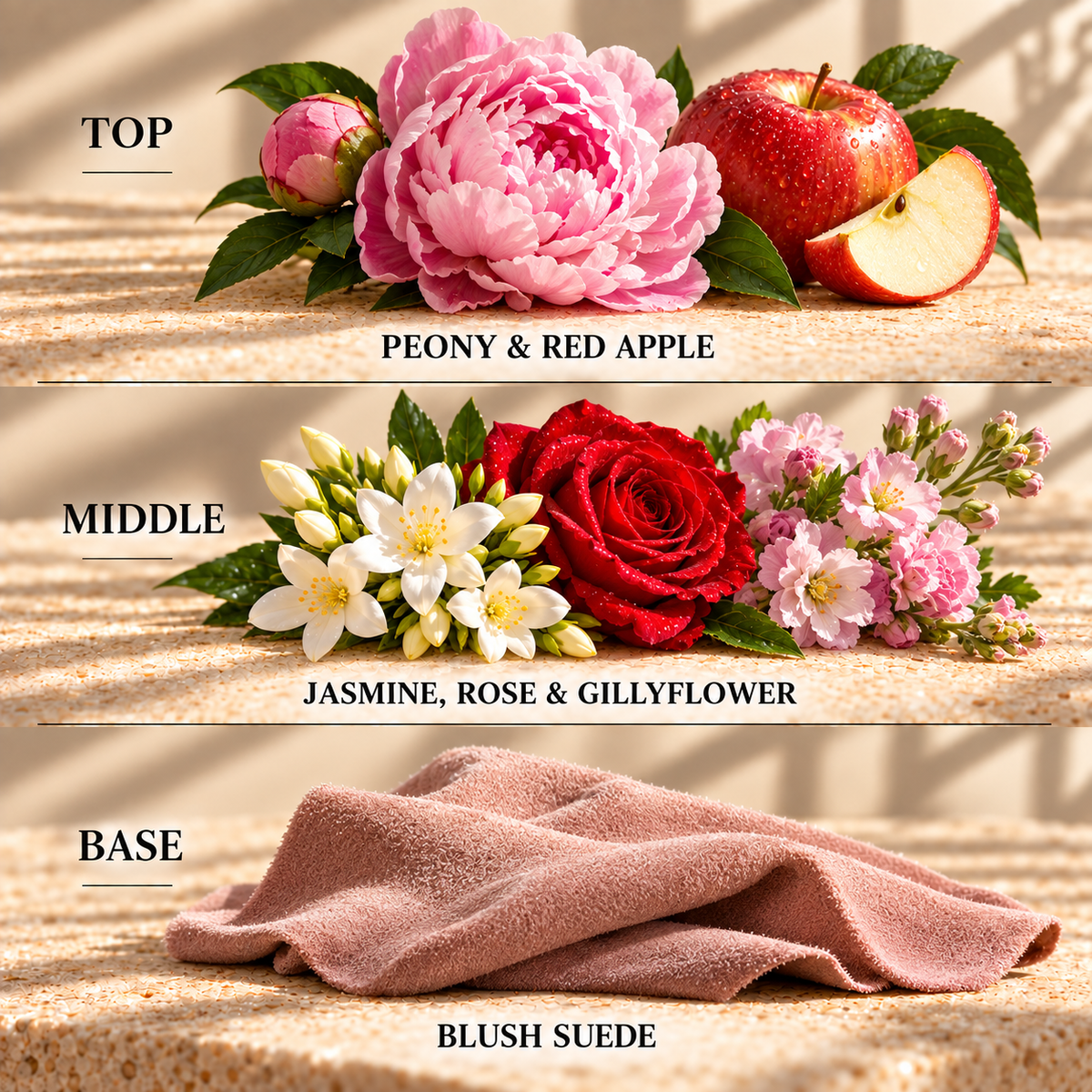 Top, middle and base scent notes for Peony Blush Suede floral inspired wax melt by Smith & Kennedy Scents