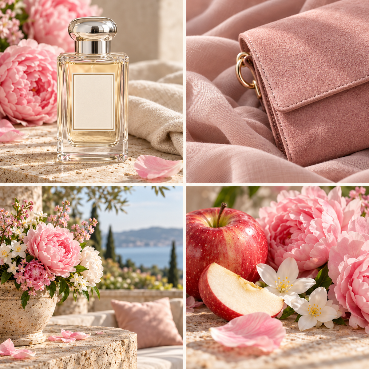 Peony Blush Suede wax melt mood board with a clear perfume bottle, pink peonies and soft suede textures.