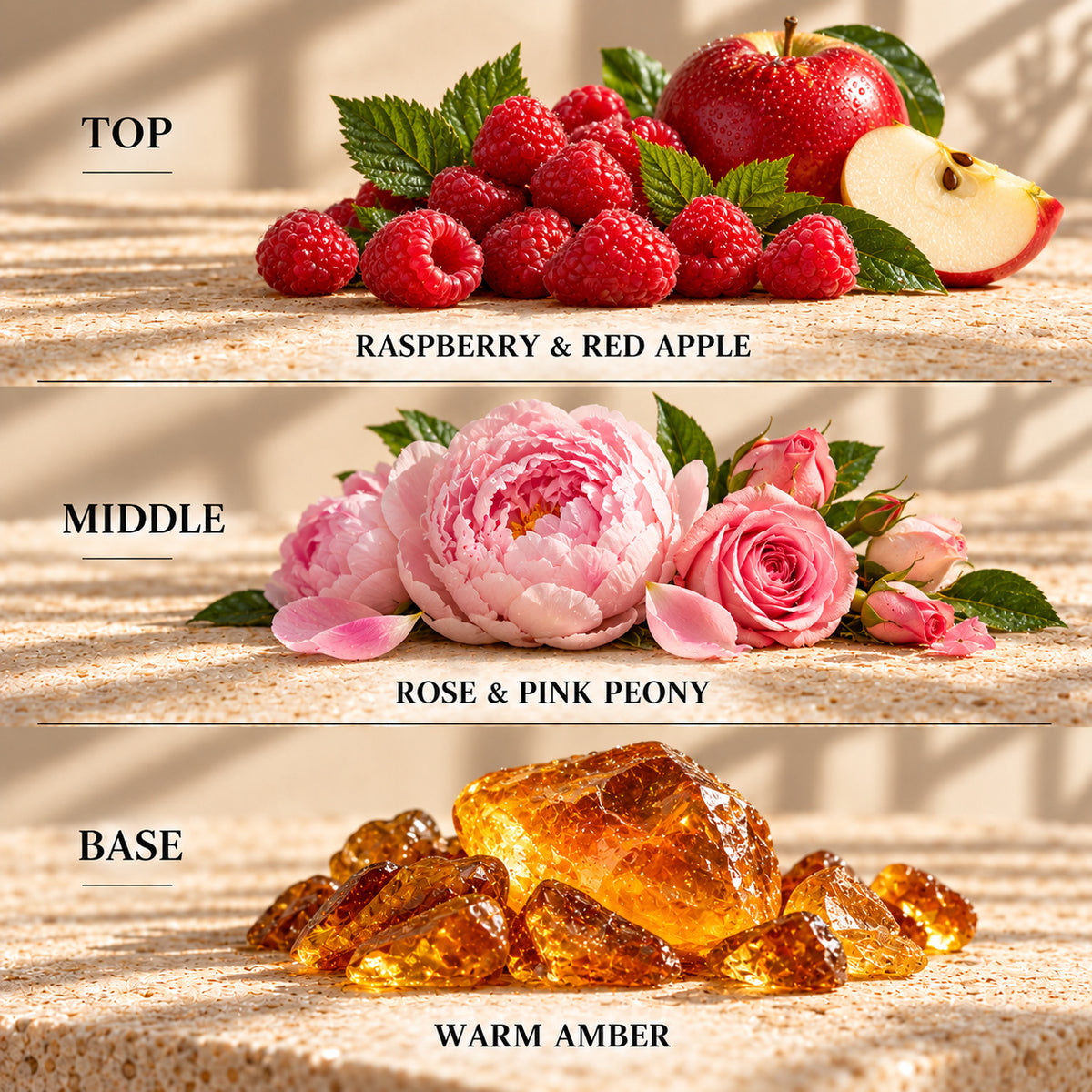 Top, middle and base scent notes for Peony & Raspberry Blush laundry inspired wax melt by Smith & Kennedy Scents