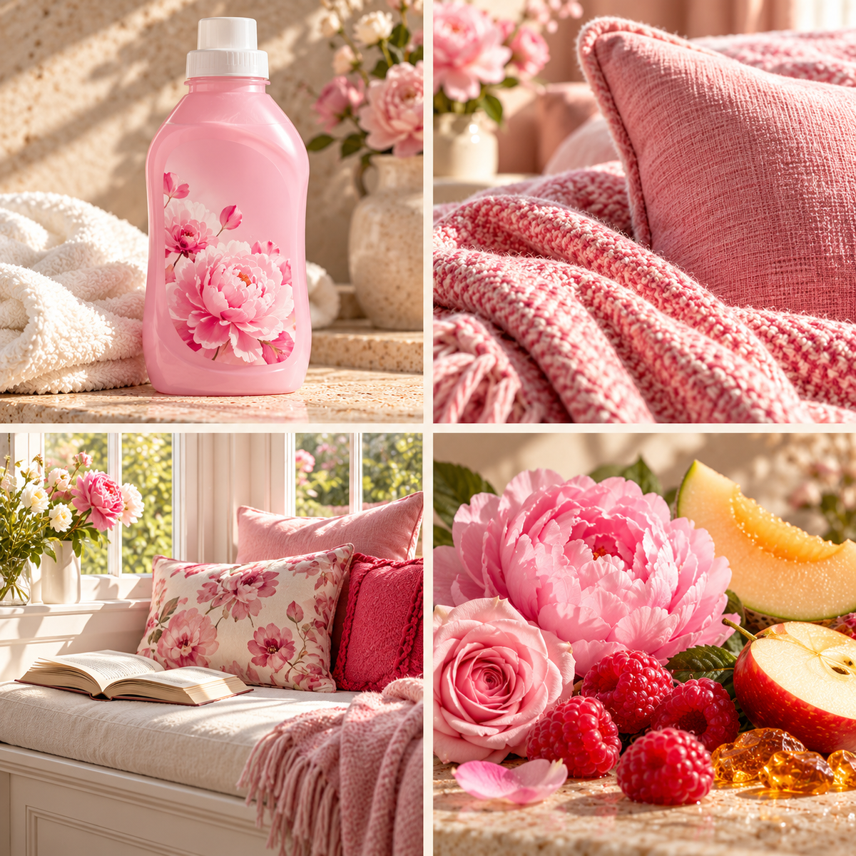 Peony & Raspberry Blush wax melt mood board with a pink fabric conditioner bottle, peonies, raspberries and soft laundry.