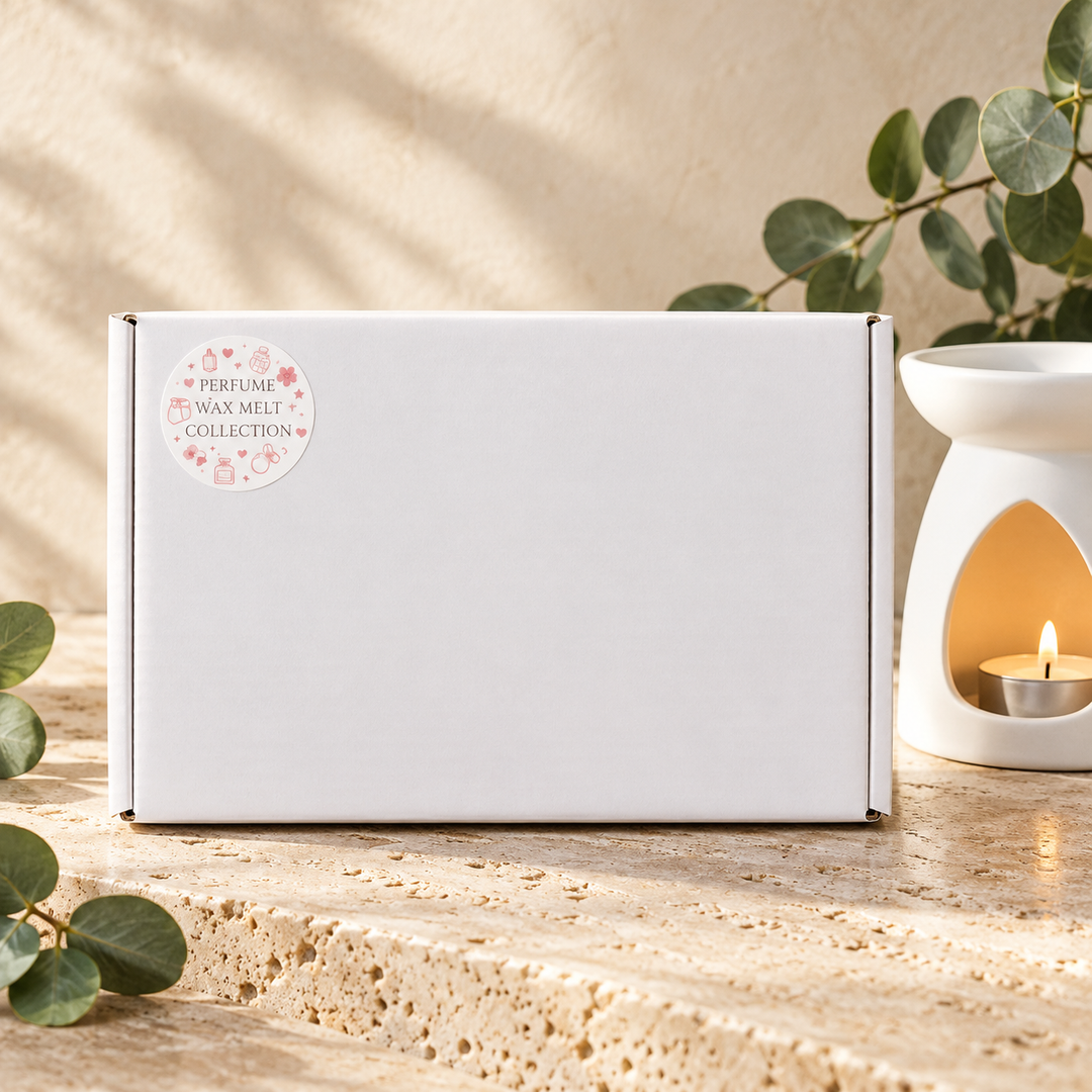 Closed white gift box for the Perfume Inspired Wax Melt Collection by Smith &amp; Kennedy Scents, with its matching collection sticker.