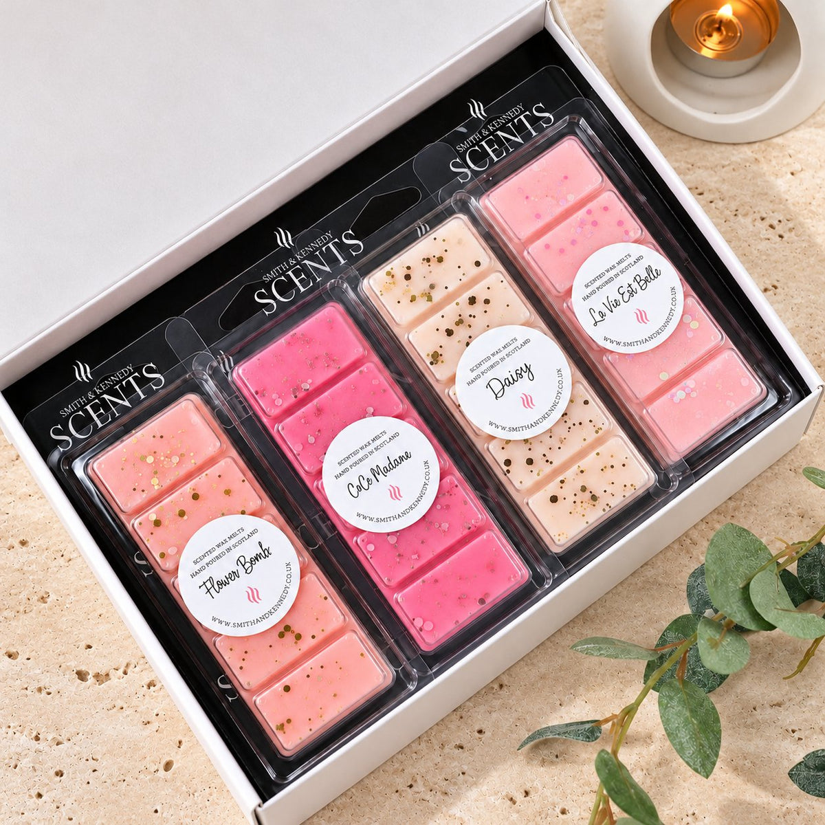 Perfume Inspired Wax Melt Collection by Smith & Kennedy Scents: Flower Bomb, CoCo Madame, Daisy and La Vie Est Belle snap bars in a white gift box.