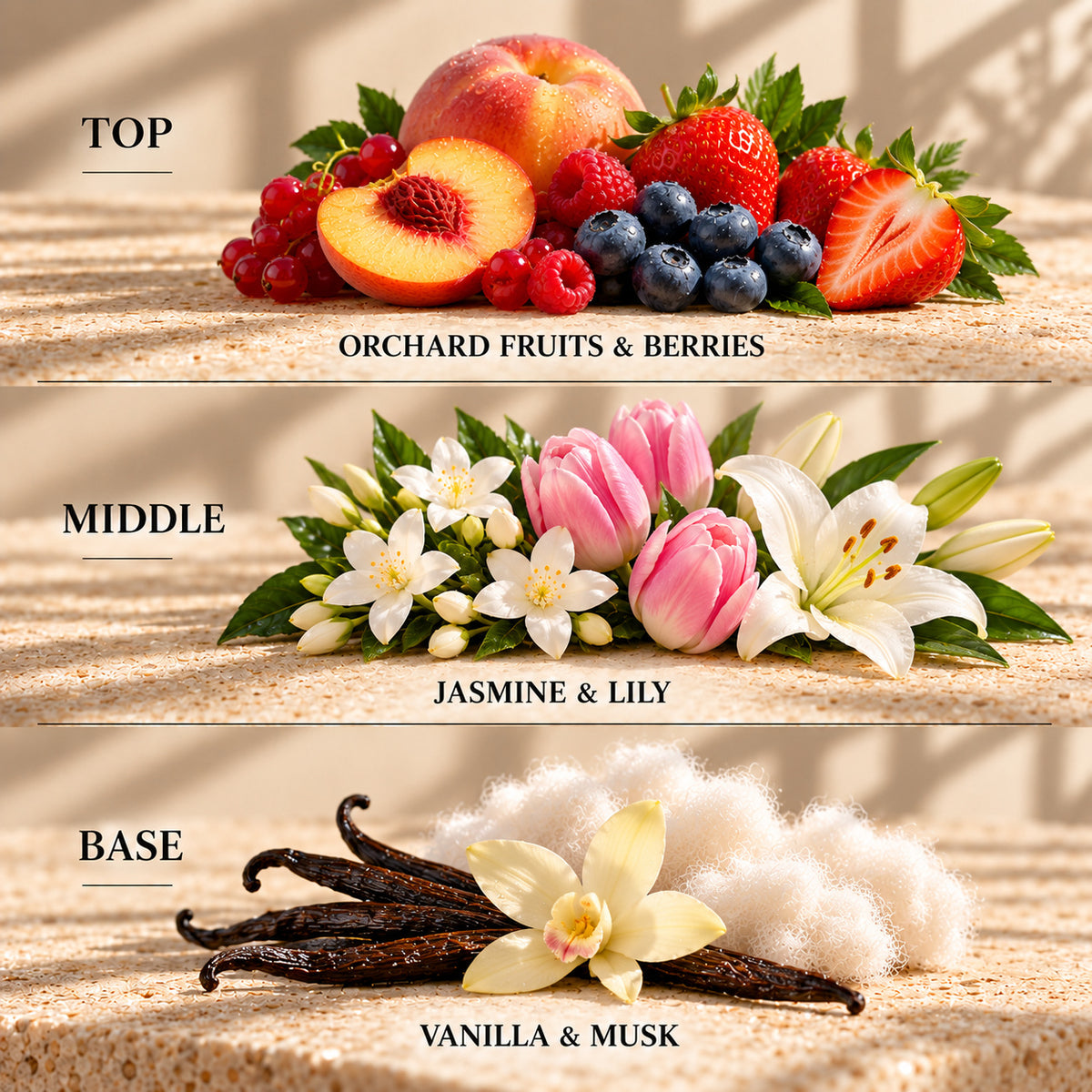 Top, middle and base scent notes for Pink Tulip & White Jasmine laundry inspired wax melt by Smith & Kennedy Scents
