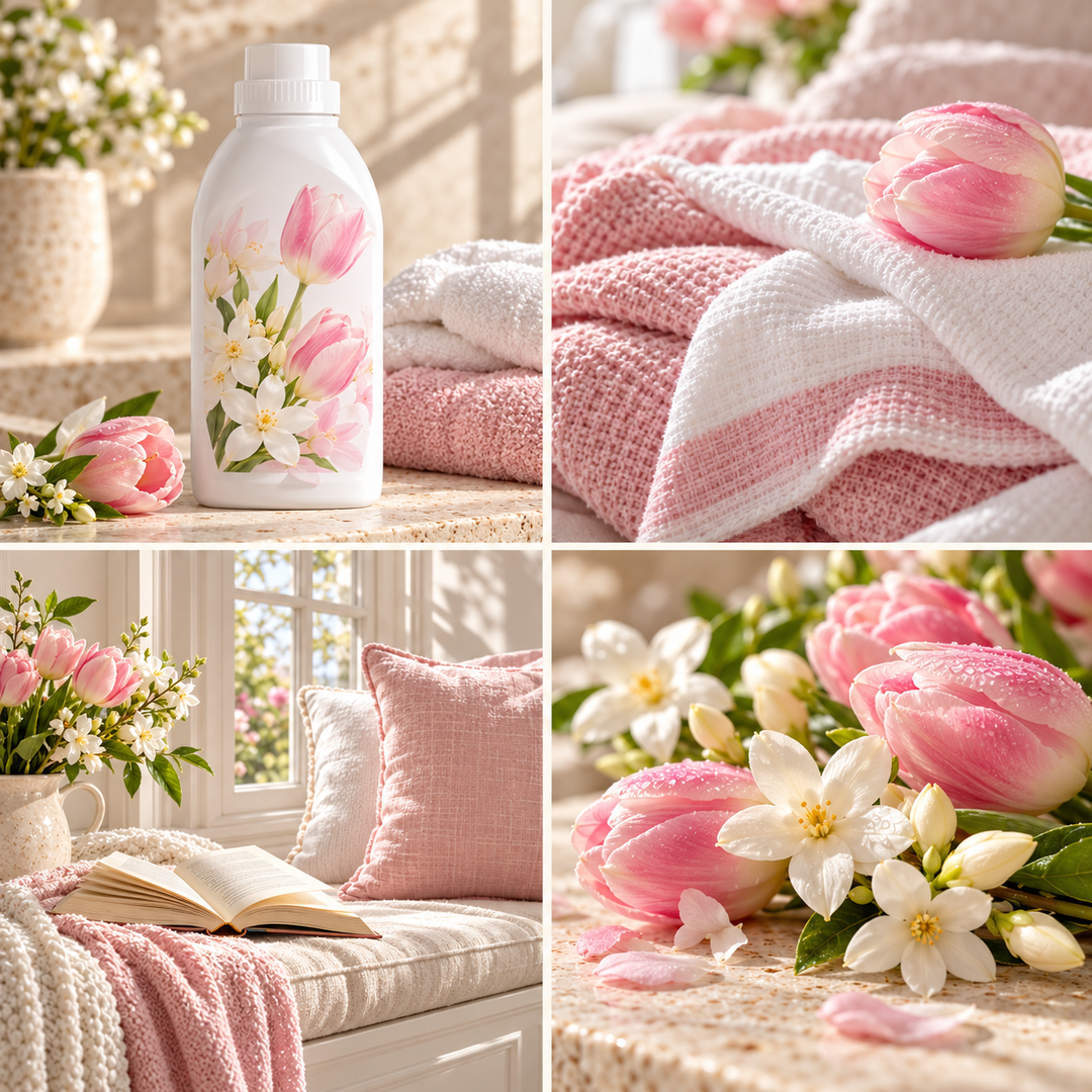 Pink Tulip &amp; White Jasmine wax melt mood board with a floral fabric conditioner bottle, pink tulips and white jasmine.