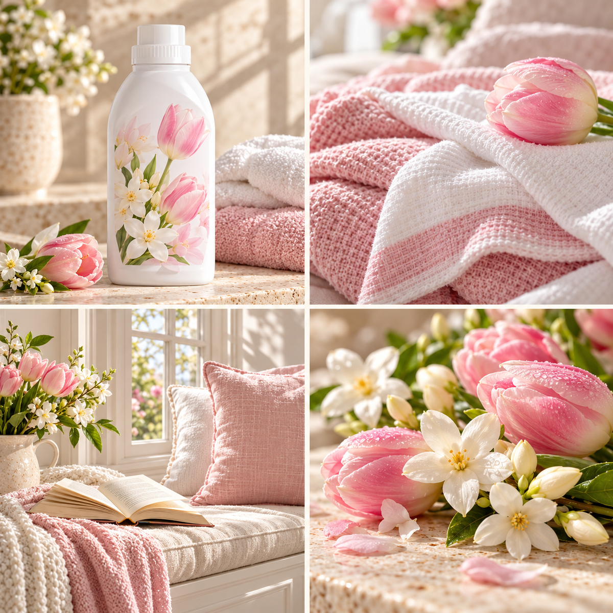 Pink Tulip & White Jasmine wax melt mood board with a floral fabric conditioner bottle, pink tulips and white jasmine.