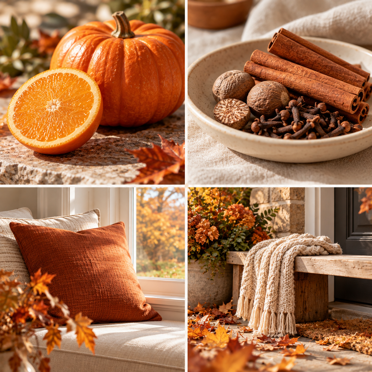 Four-panel mood board for Pumpkin Spice & Orange wax melts: pumpkin and orange, warming spices, a rust cushion and an autumn doorstep.