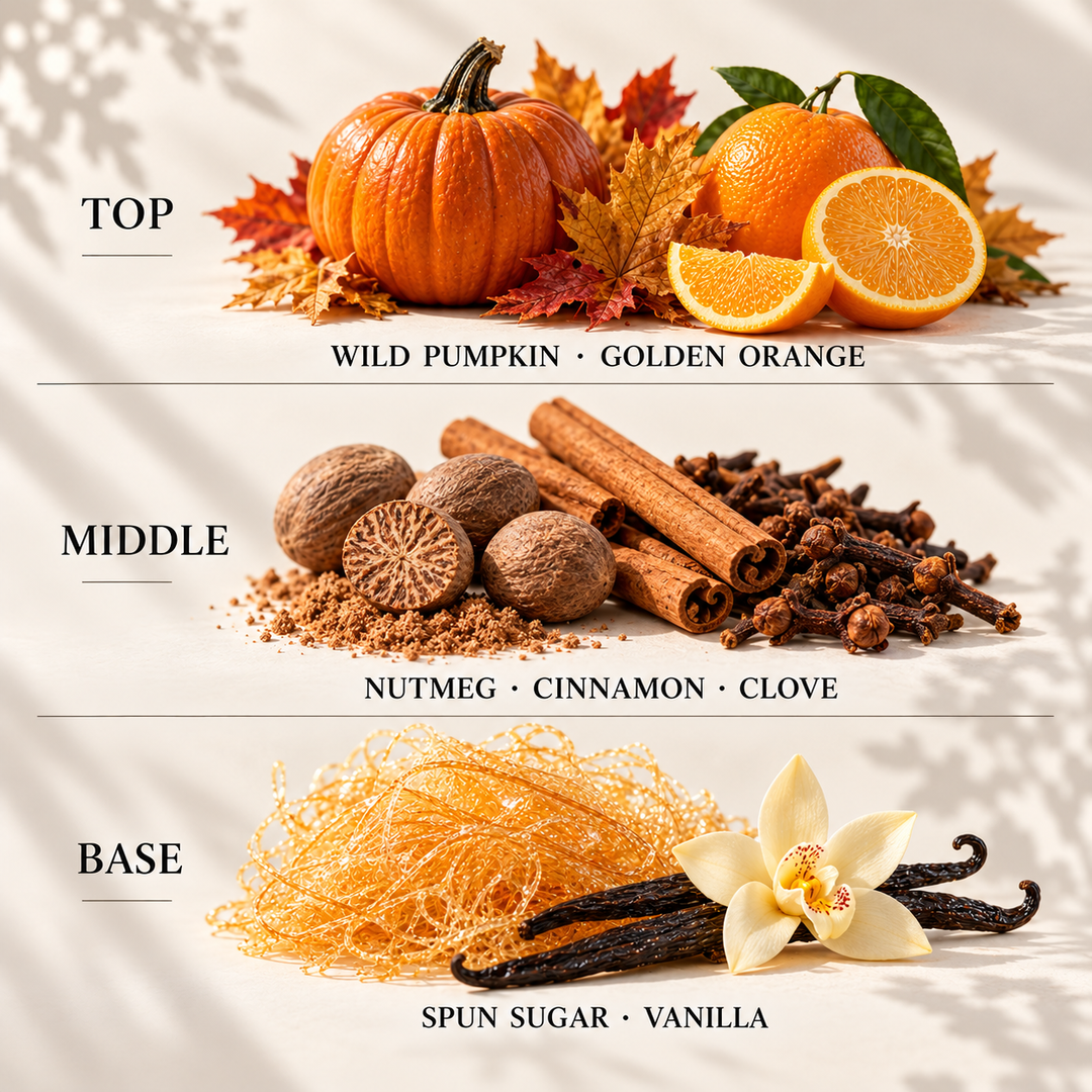 Top, middle and base scent notes for Pumpkin Spice &amp; Orange autumn inspired wax melt by Smith &amp; Kennedy Scents