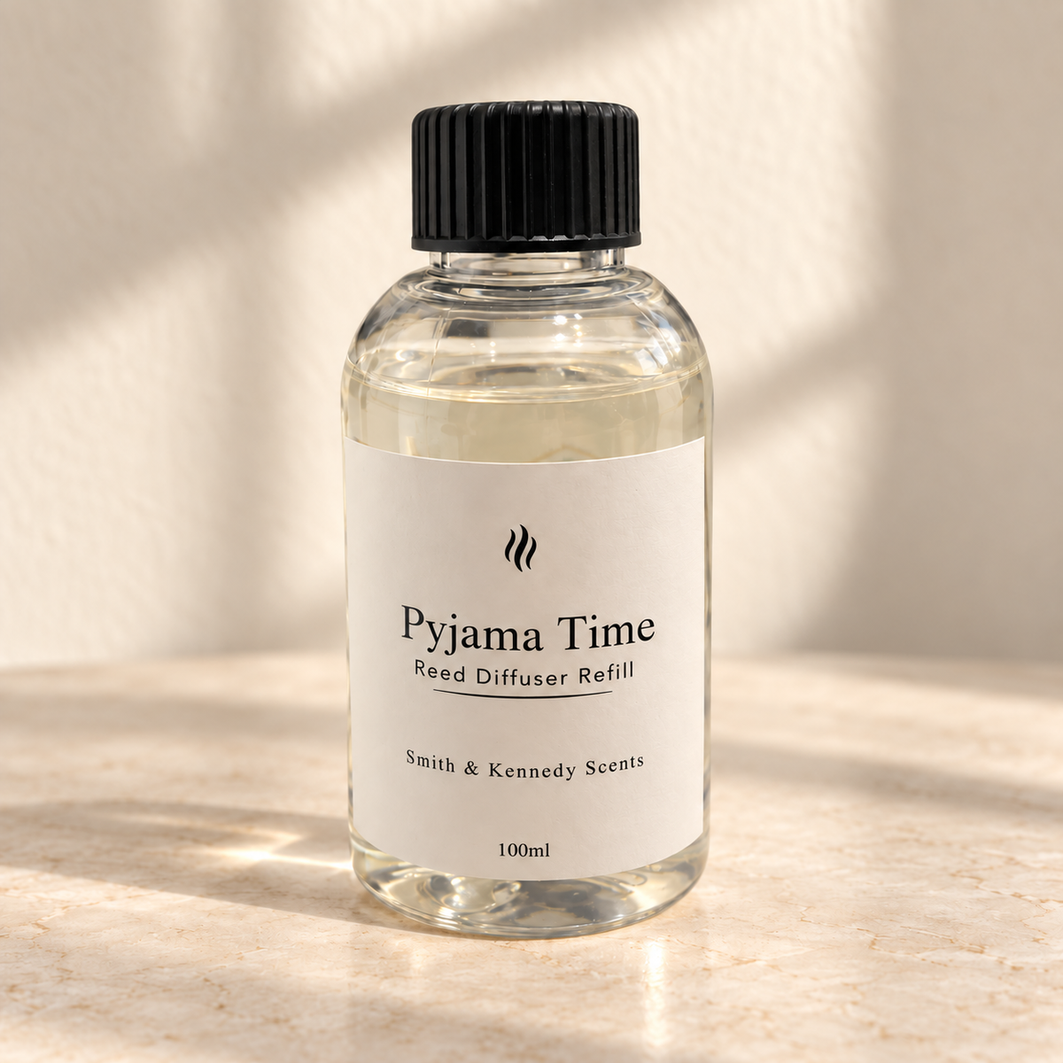 Pyjama Time 100ml reed diffuser refill bottle with black screw cap and portrait label