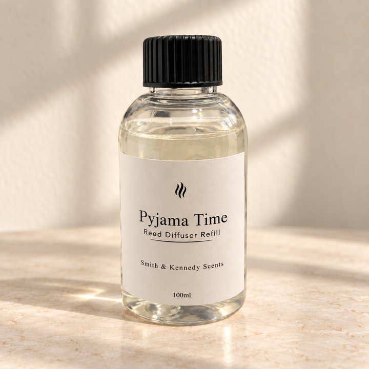 Pyjama Time 100ml reed diffuser refill bottle with black screw cap and portrait label